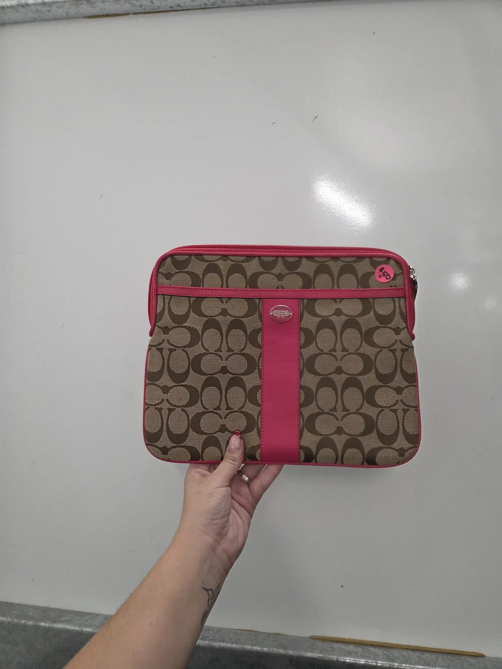 Coach Brown Signature Canvas Laptop/Tablet Sleeve with Pink Trim